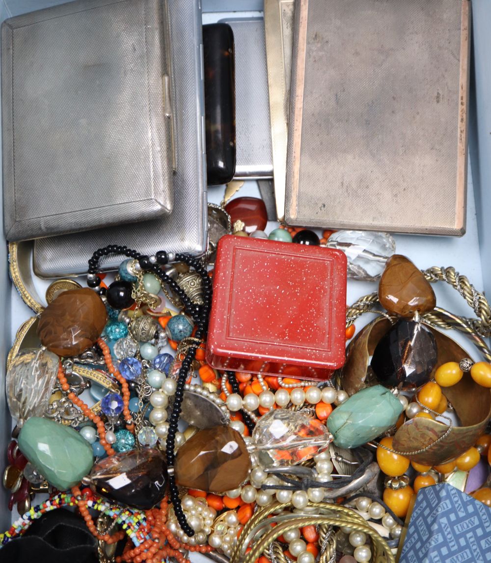 Three early 20th century engine turned silver cigarette cases and a quantity of assorted costume jewellery